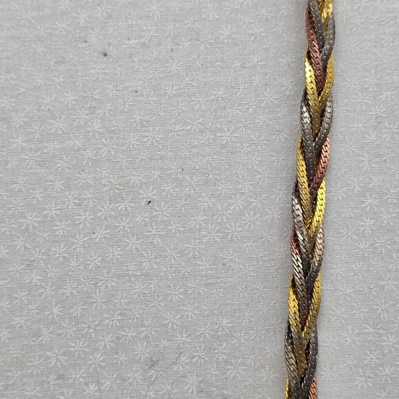 Tri-Color Braided Necklace With Silver/Gold/Copper-Tone Twist Barrel Clasp - Picture 4 of 6